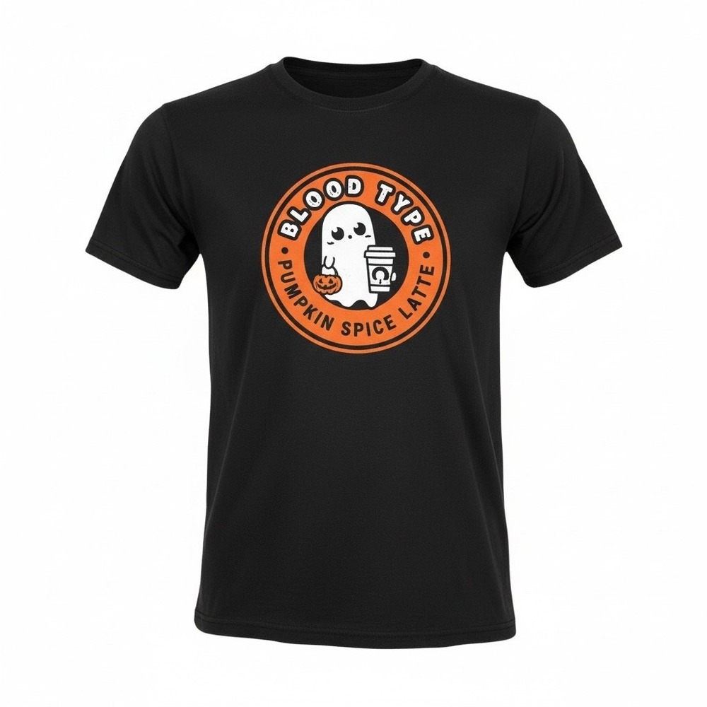 HANES Halloween Shirt Adult Medium Black Pumpkin Spice Latte Blood Type Ghost